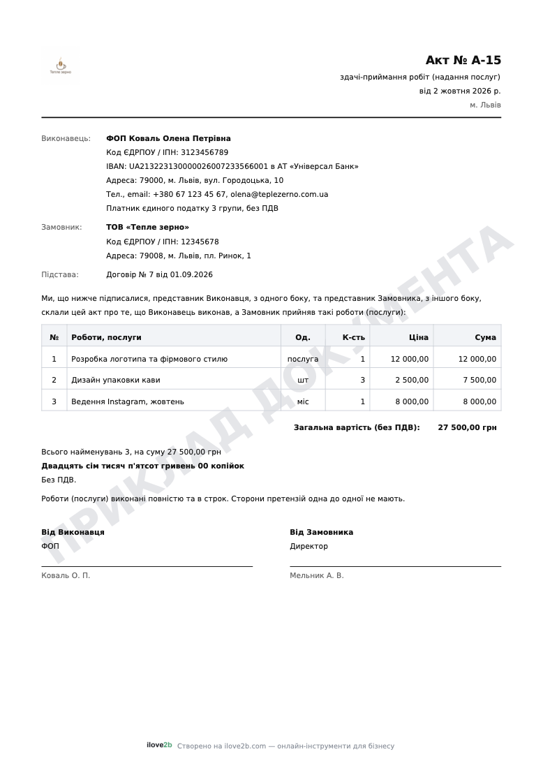 Зразок акта наданих послуг для ФОП